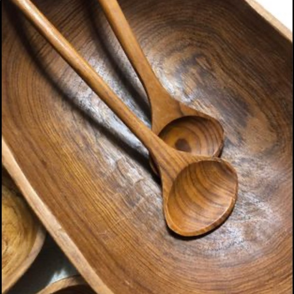 Oblong Teak Wood from Thailand Salad Bowl Set Service for 4 & Serving Utensils - Picture 2 of 10